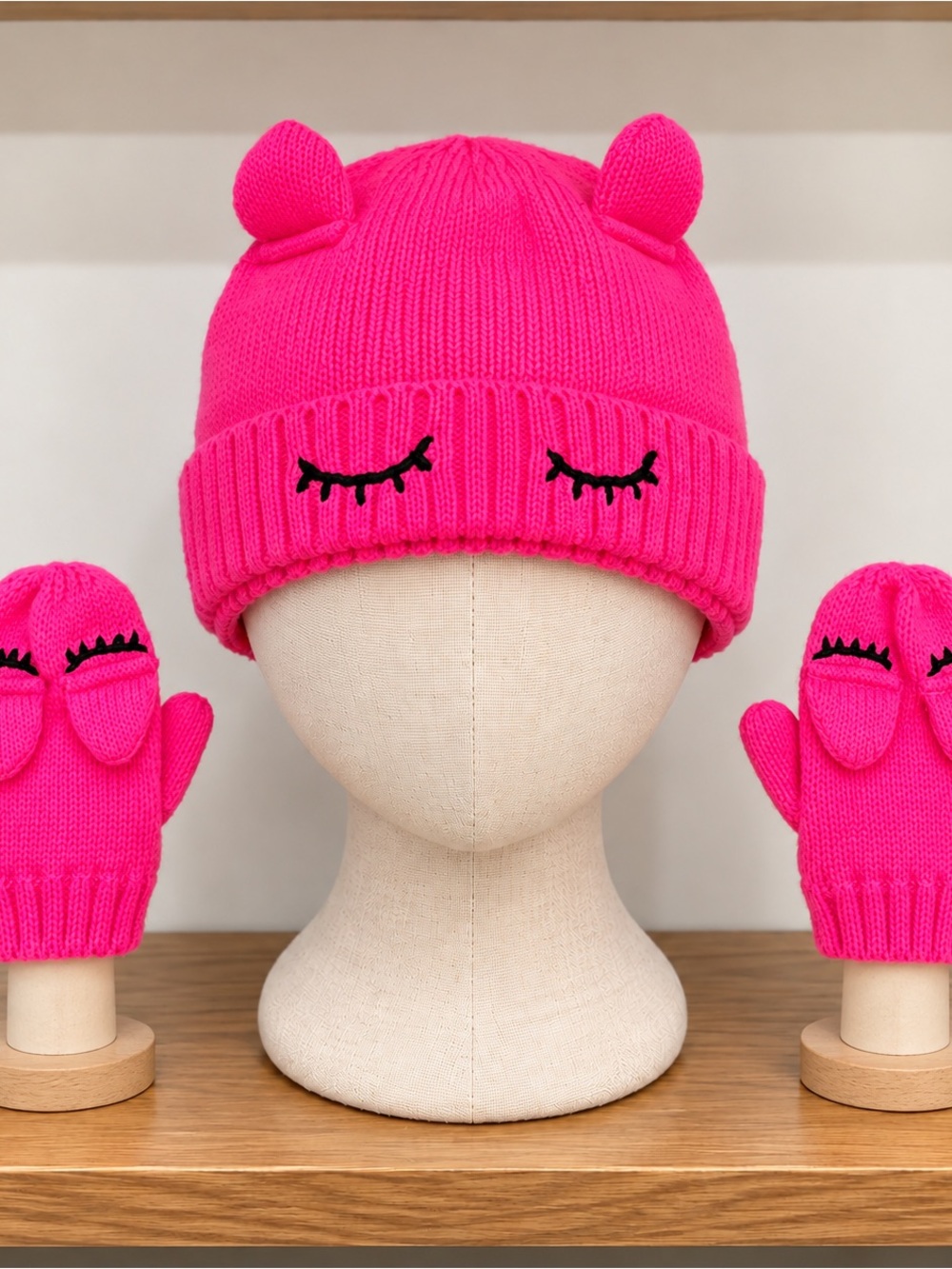 next Hot Pink Knit Beanie with Ear Accents and Matching Mittens